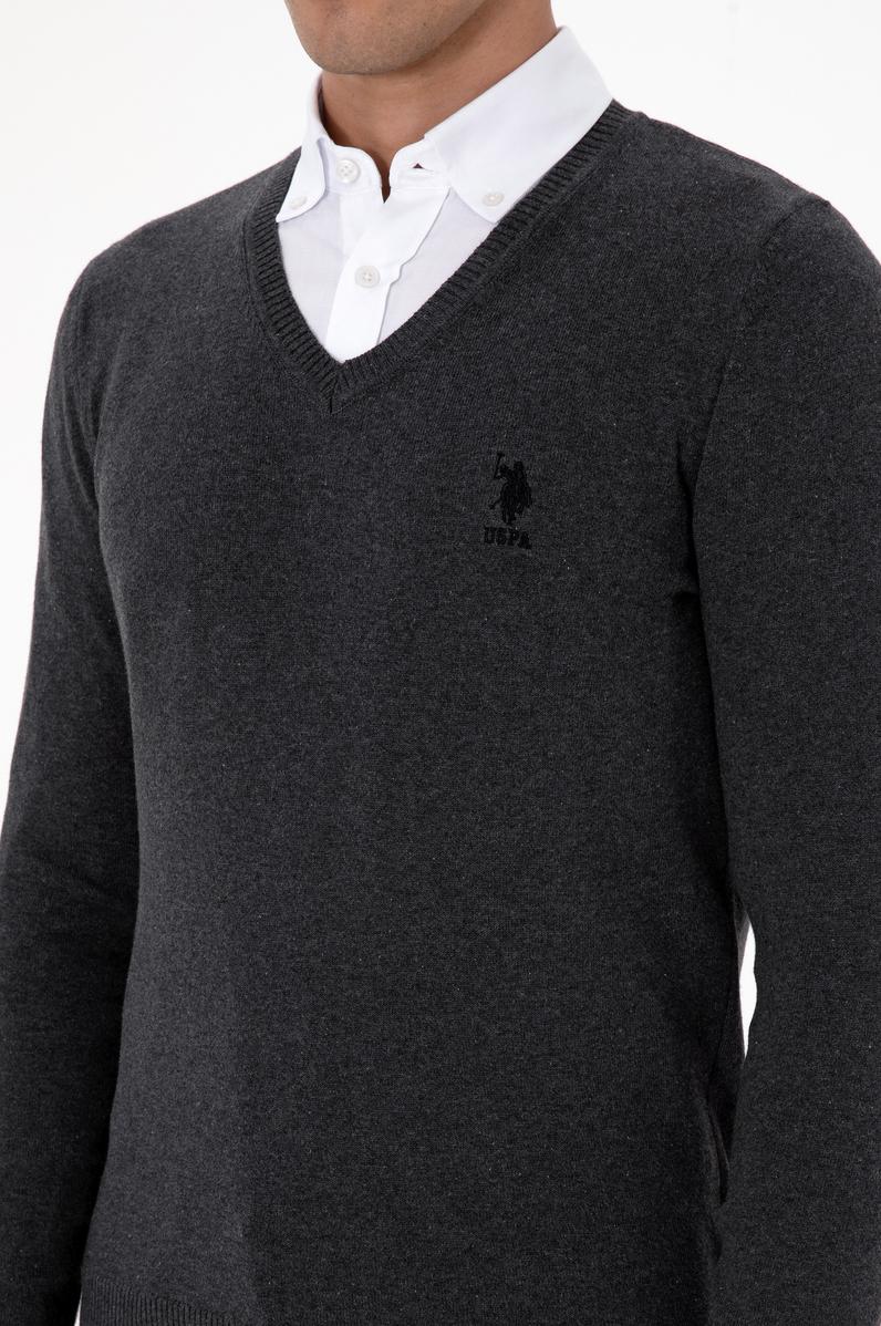 Erkek Slim Fit V Yaka Antrasit Melanj Basic Kazak