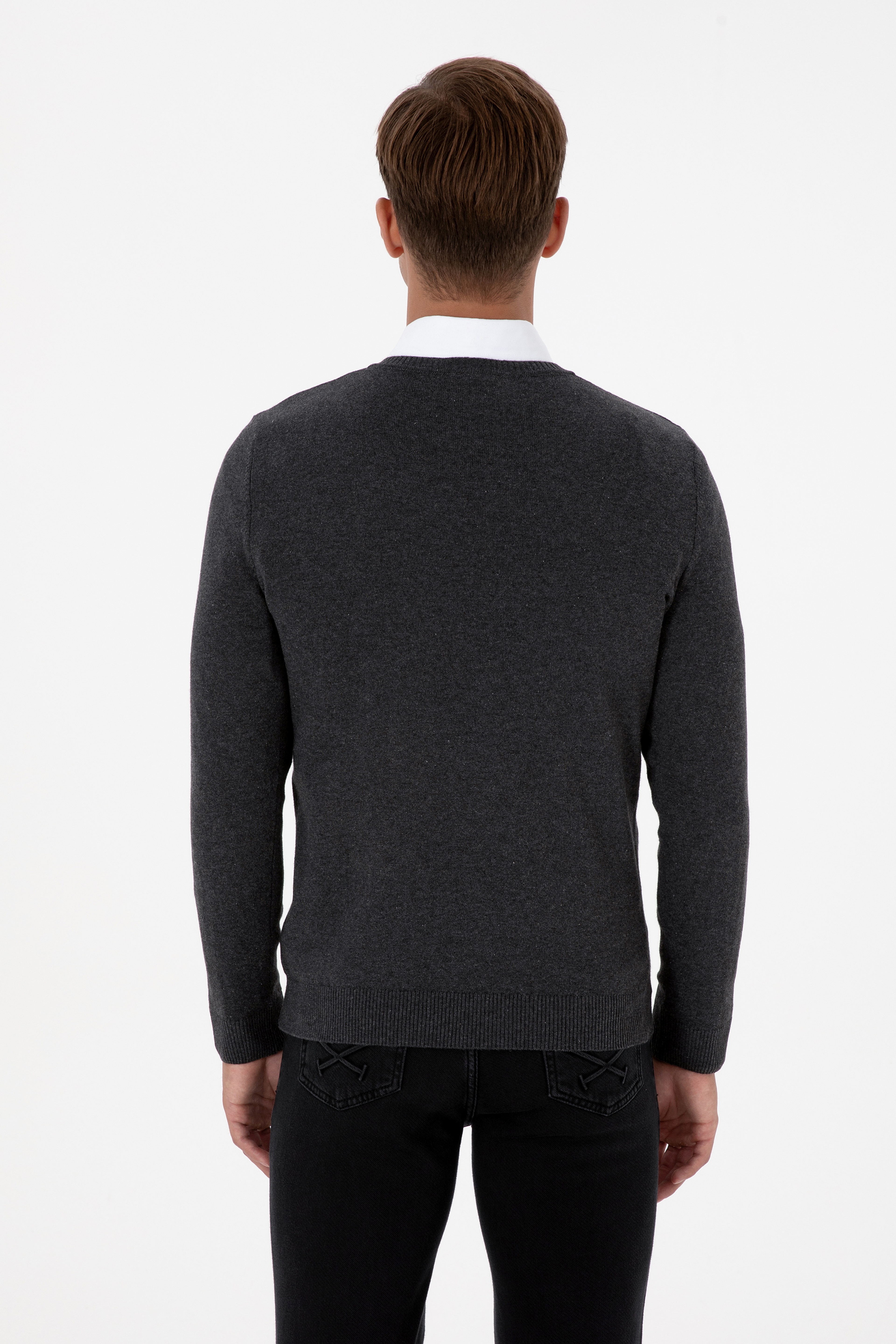 Erkek Slim Fit V Yaka Antrasit Melanj Basic Kazak