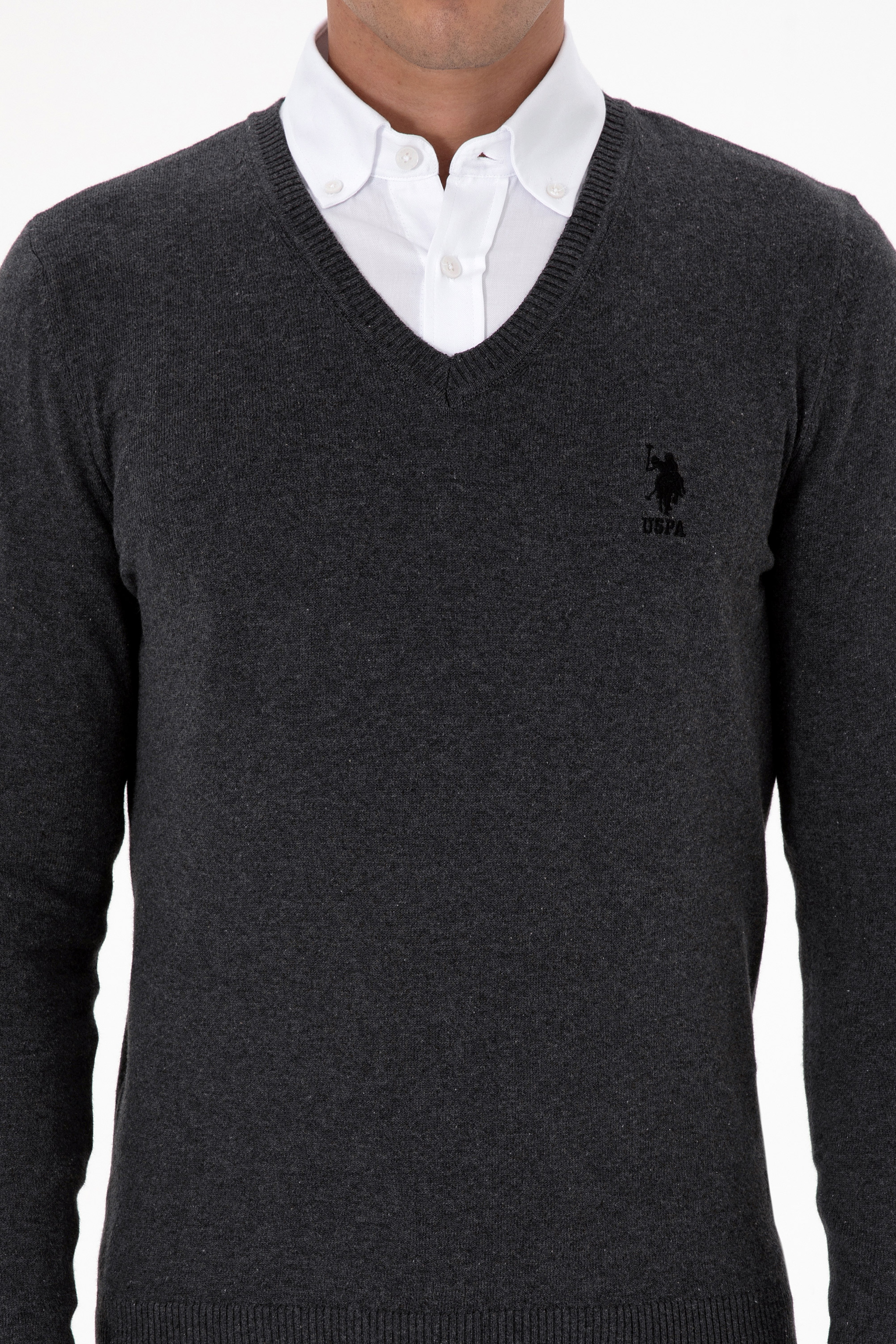 Erkek Slim Fit V Yaka Antrasit Melanj Basic Kazak - Image 6