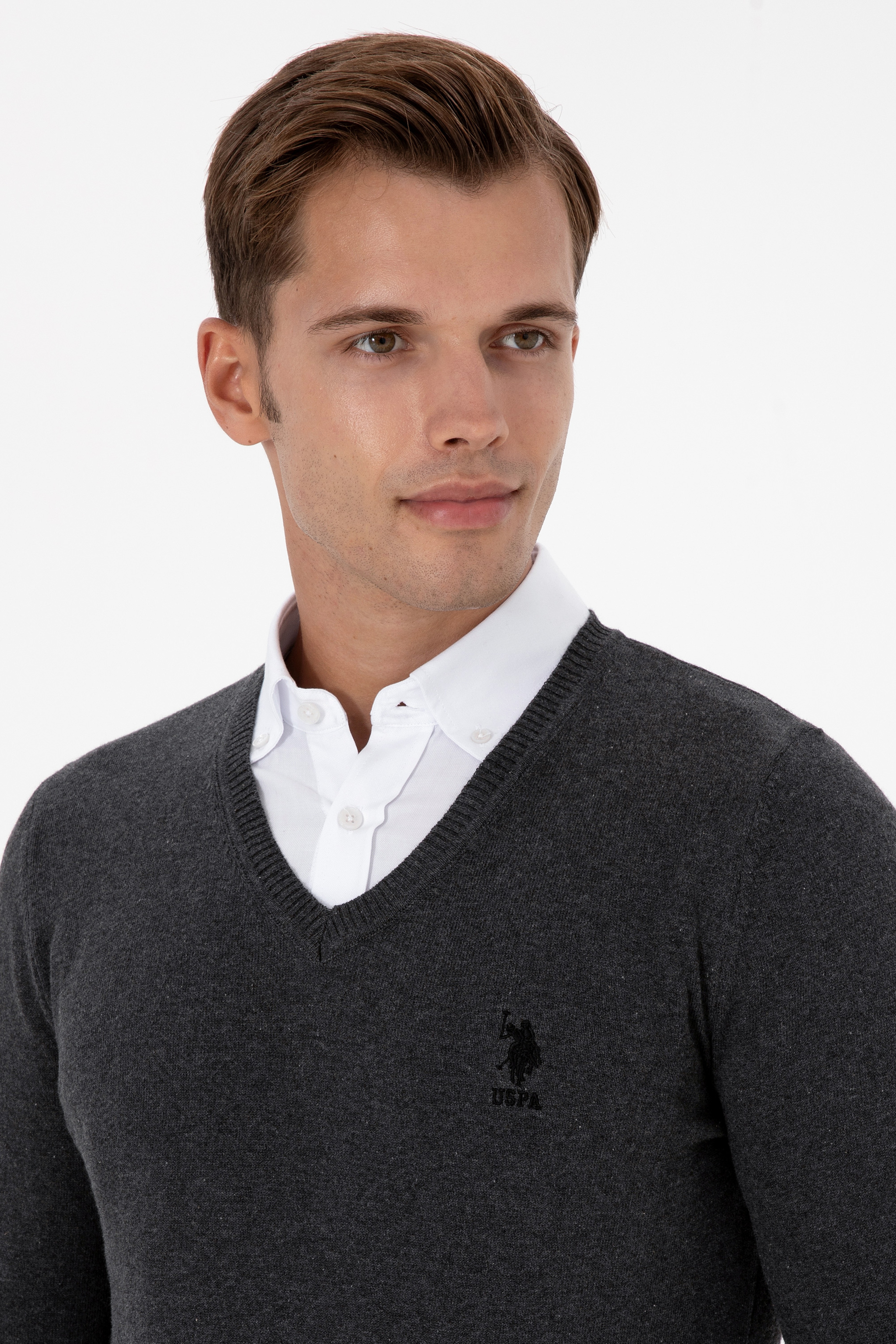 Erkek Slim Fit V Yaka Antrasit Melanj Basic Kazak - Image 2