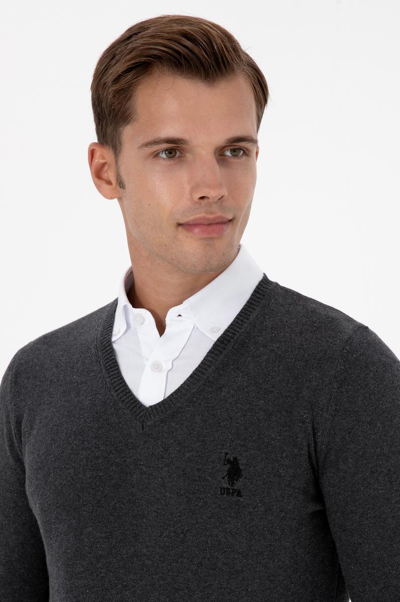 Erkek Slim Fit V Yaka Antrasit Melanj Basic Kazak
