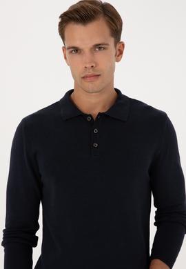 Erkek Slim Fit Polo Yaka Lacivert Basic Kazak - 50307799014