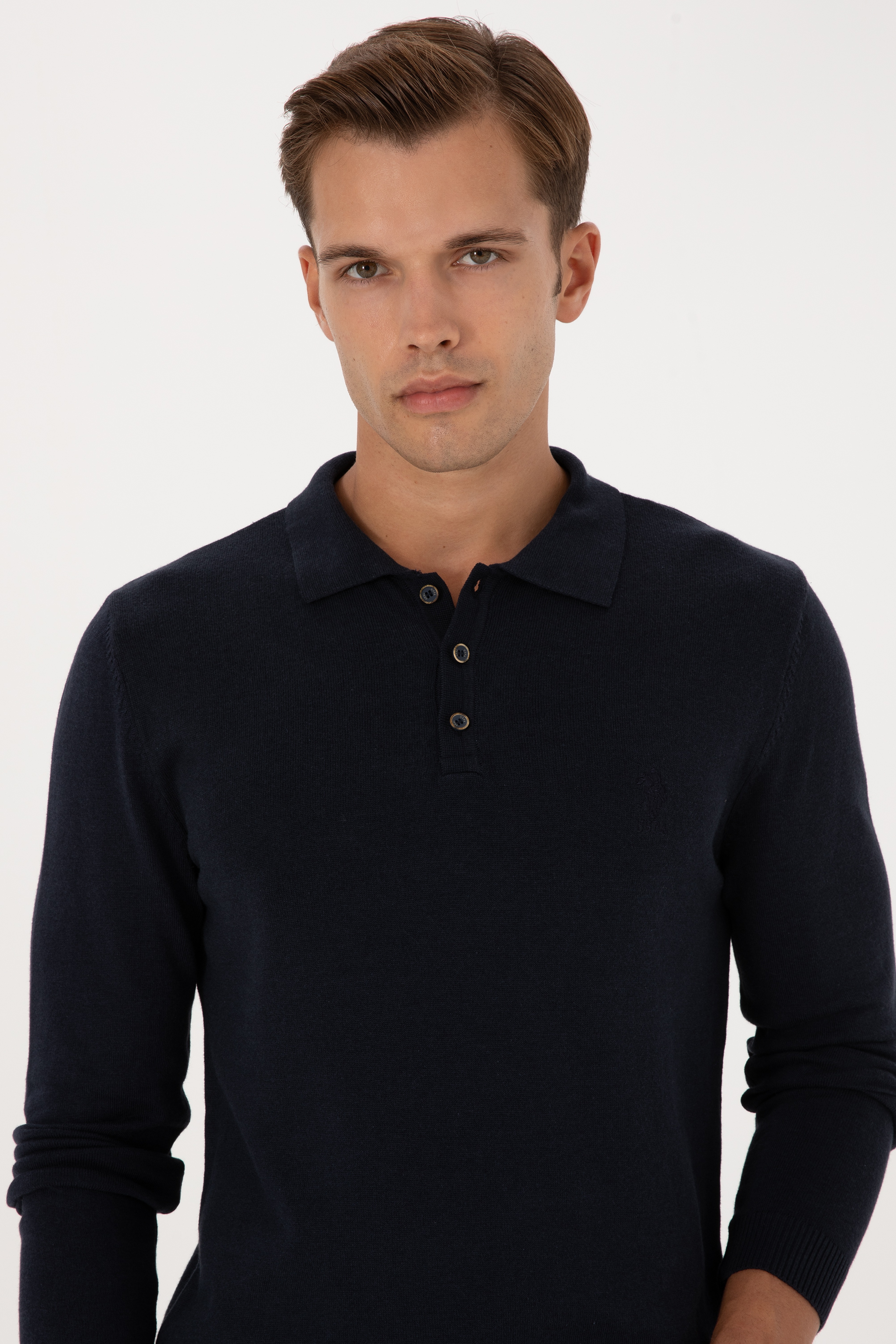 Erkek Slim Fit Polo Yaka Lacivert Basic Kazak - Image 2