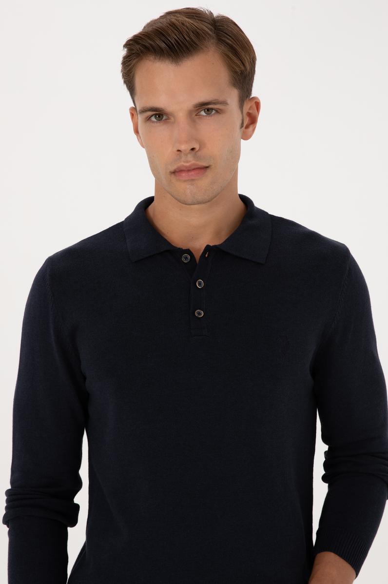 Erkek Slim Fit Polo Yaka Lacivert Basic Kazak