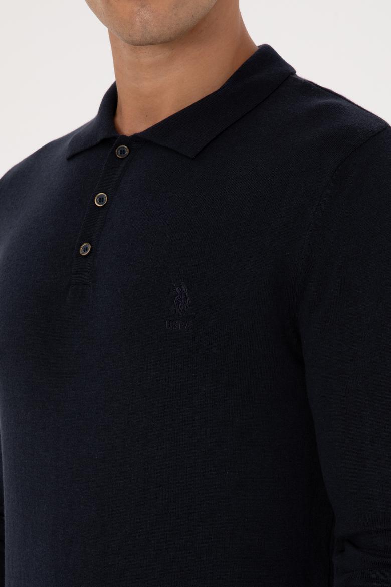 Erkek Slim Fit Polo Yaka Lacivert Basic Kazak - 50307799014