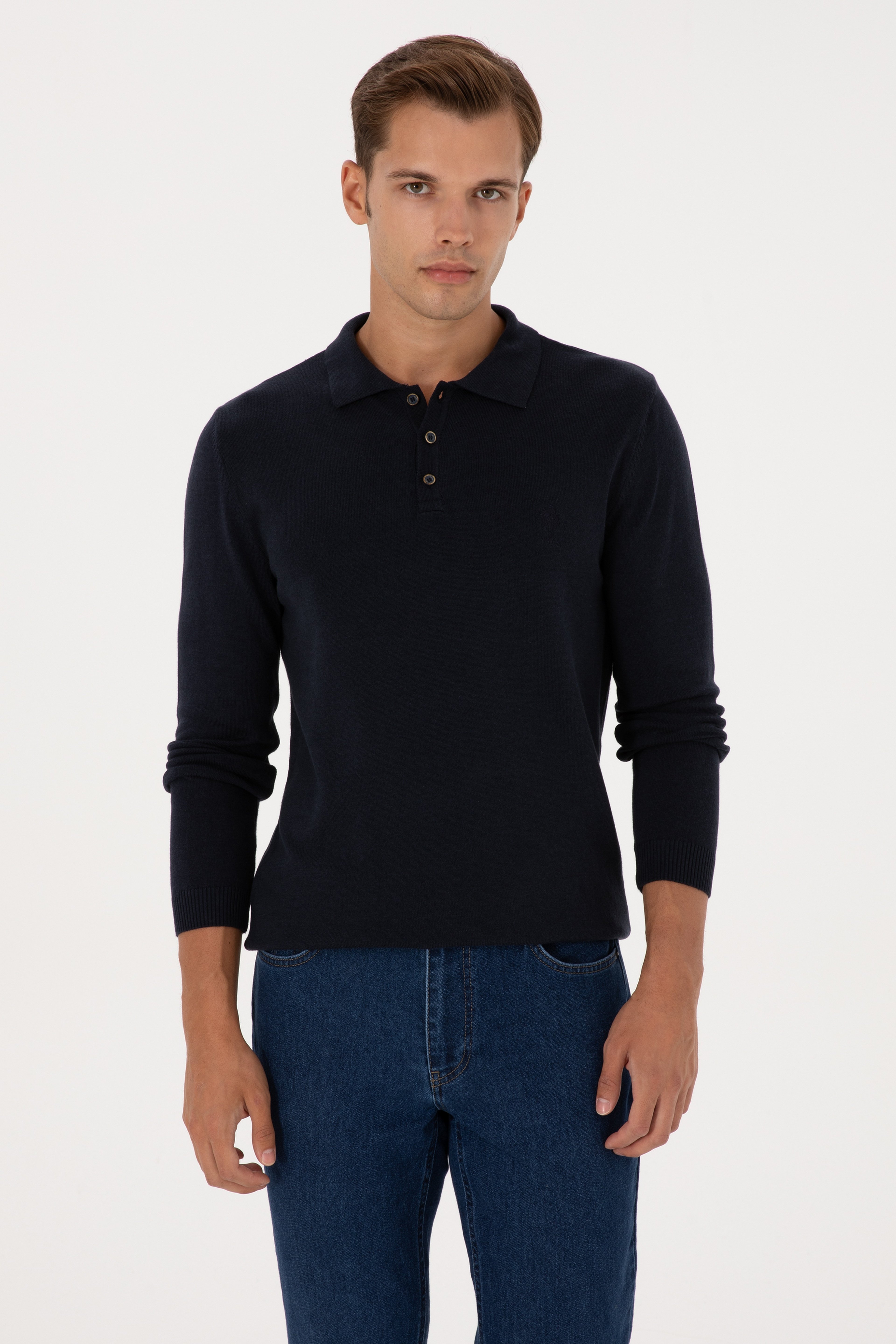 Erkek Slim Fit Polo Yaka Lacivert Basic Kazak - Image 1
