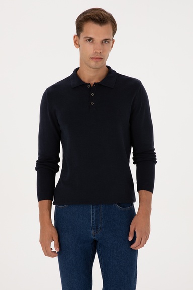 Erkek Slim Fit Polo Yaka Lacivert Basic Kazak