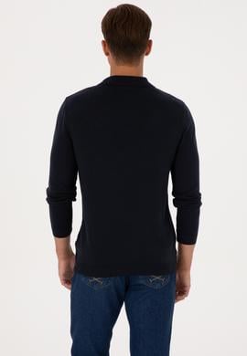 Erkek Slim Fit Polo Yaka Lacivert Basic Kazak - 50307799014