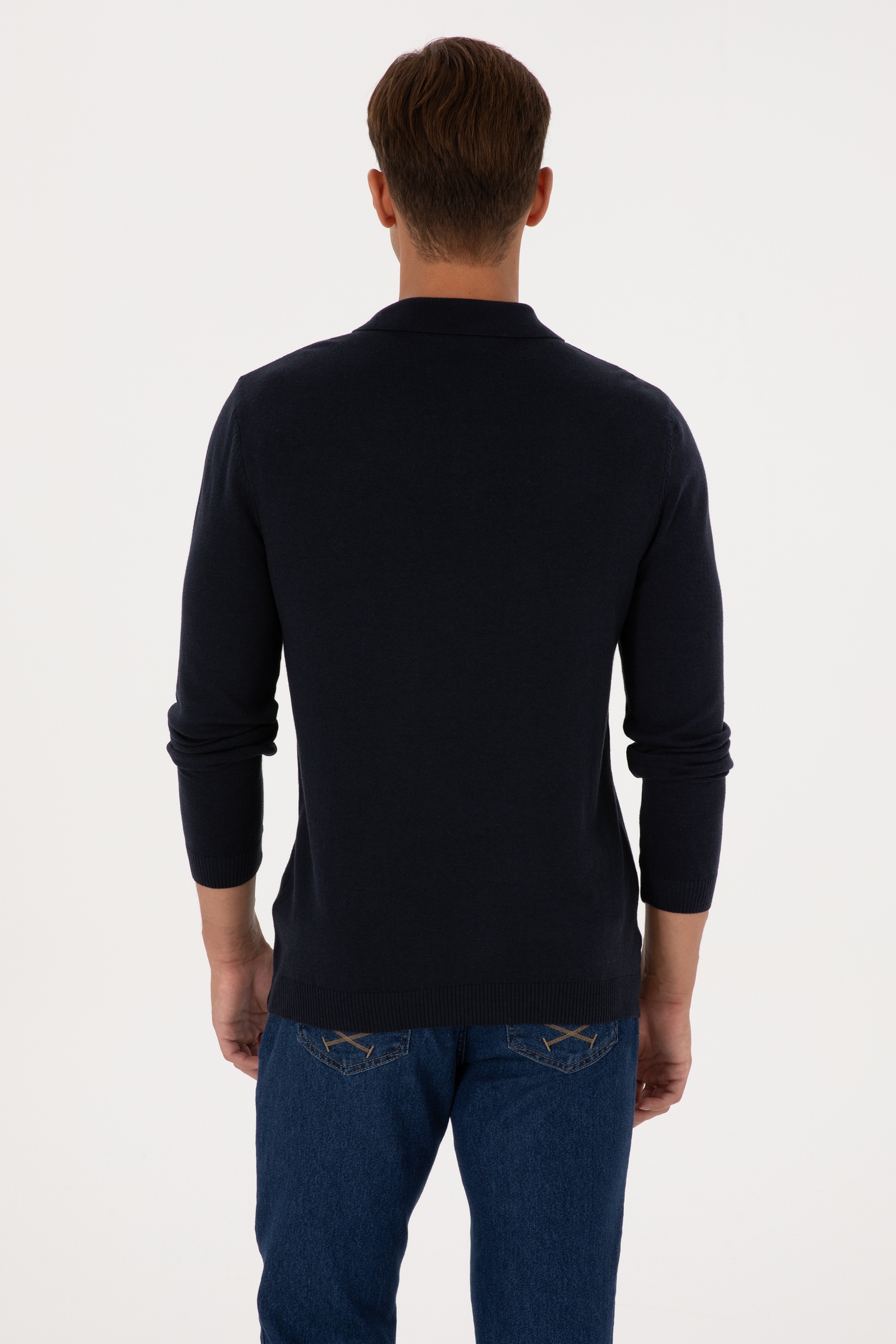 Erkek Slim Fit Polo Yaka Lacivert Basic Kazak - Image 5
