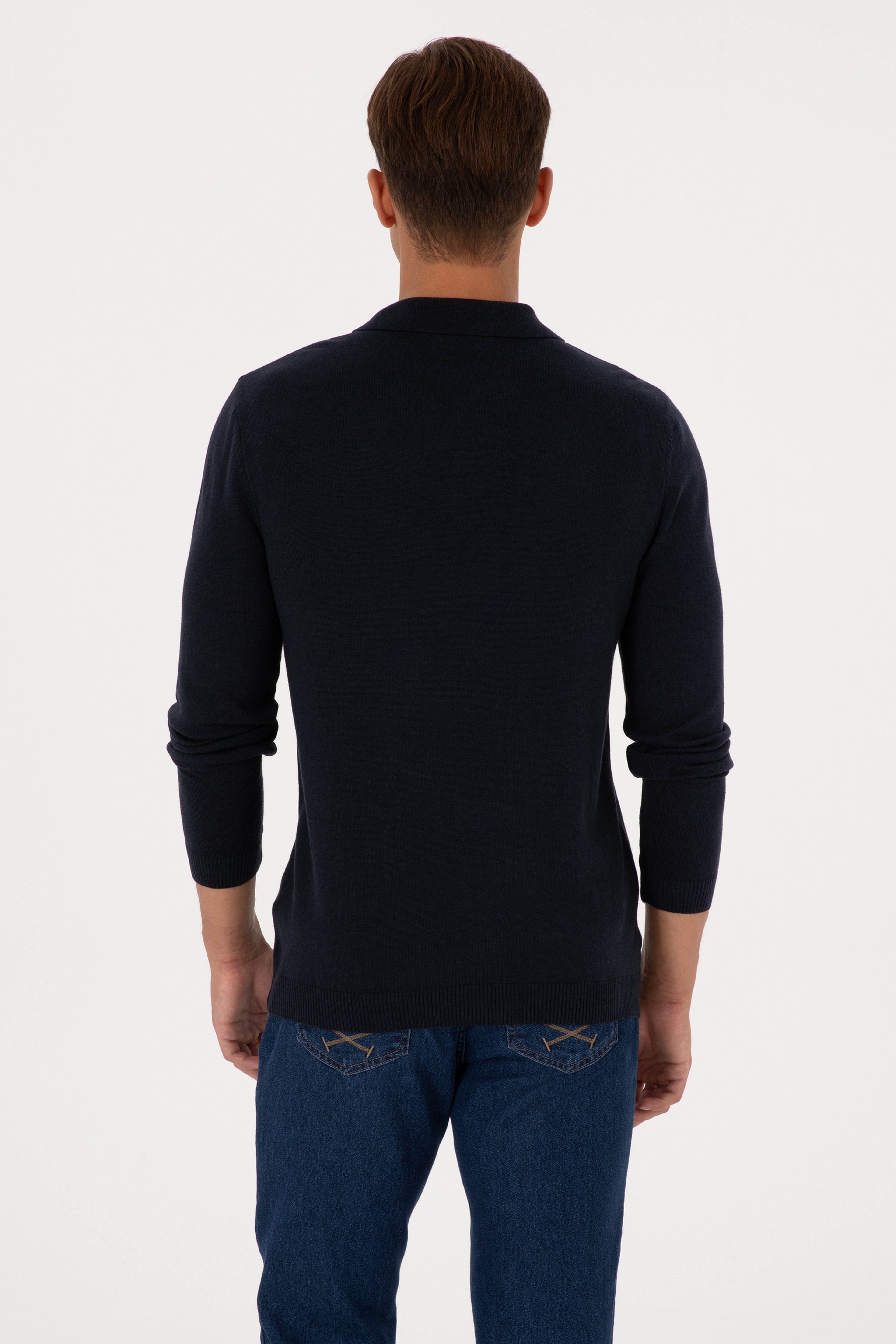 Erkek Slim Fit Polo Yaka Lacivert Basic Kazak