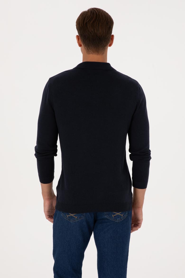 Erkek Slim Fit Polo Yaka Lacivert Basic Kazak - 50307799014