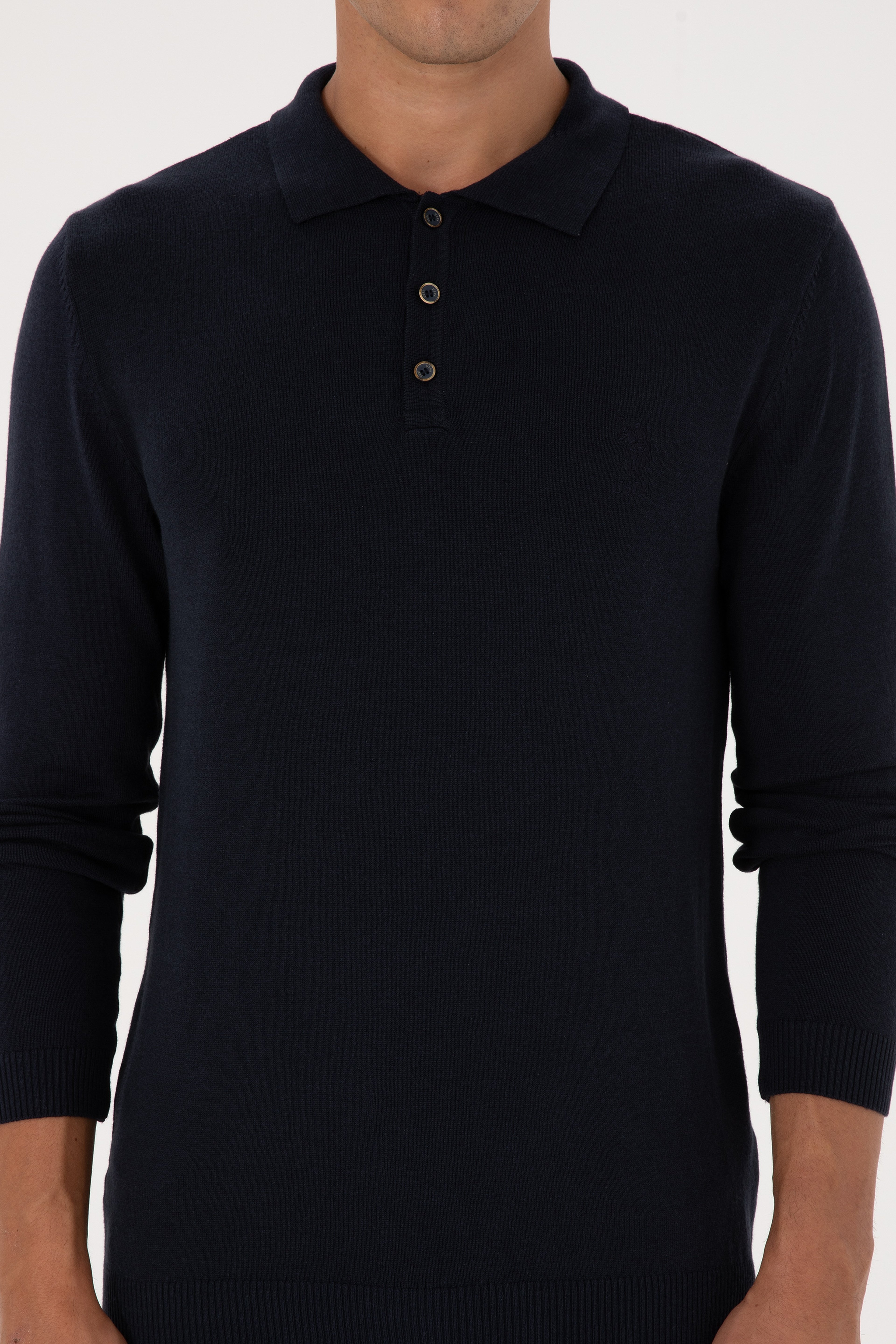 Erkek Slim Fit Polo Yaka Lacivert Basic Kazak