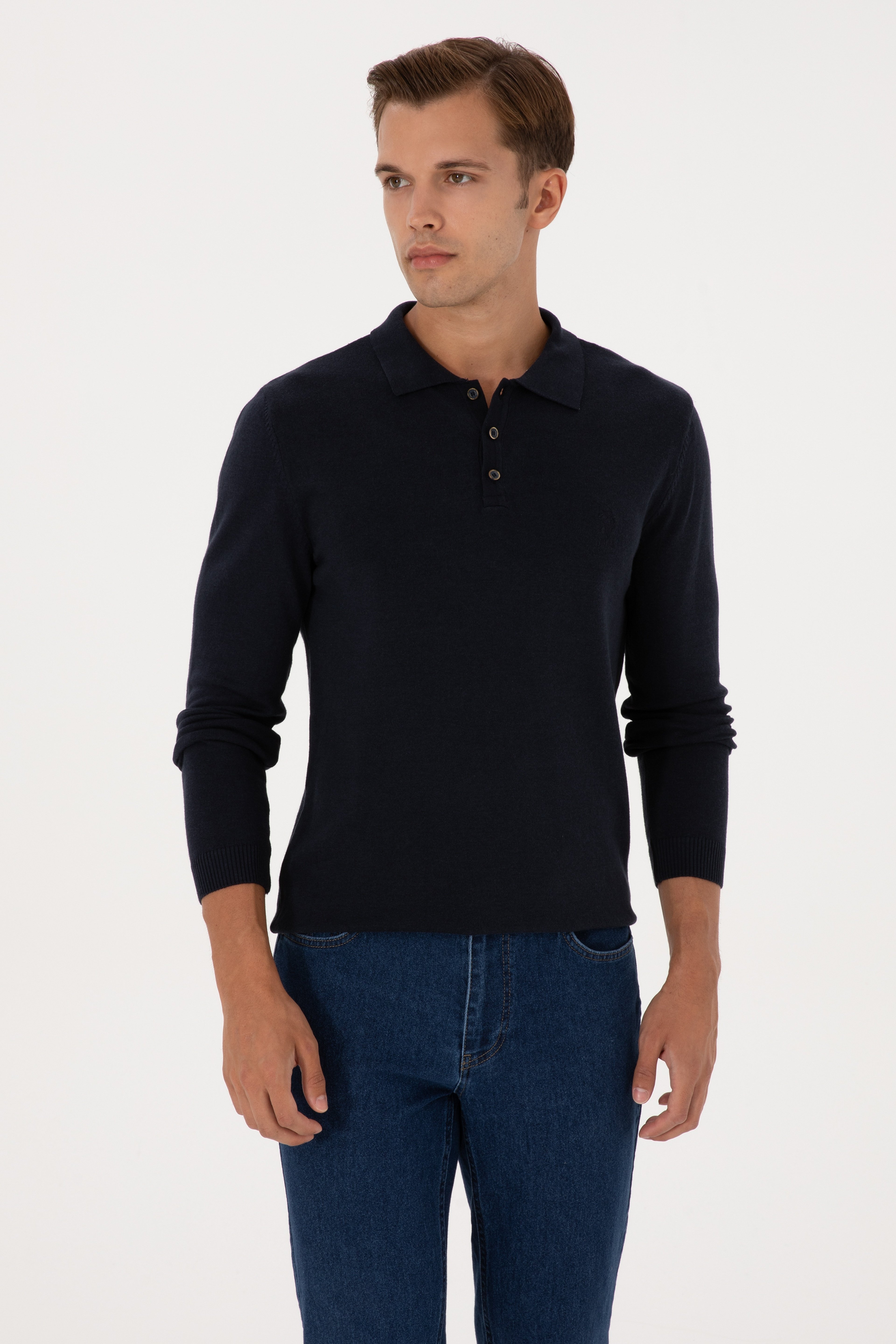 Erkek Slim Fit Polo Yaka Lacivert Basic Kazak - Image 3