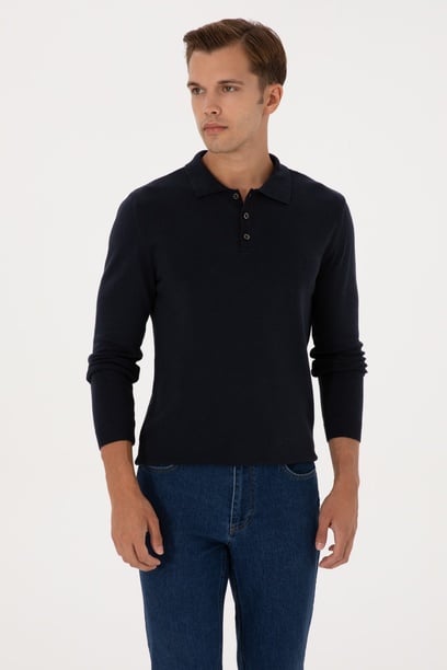 Erkek Slim Fit Polo Yaka Lacivert Basic Kazak
