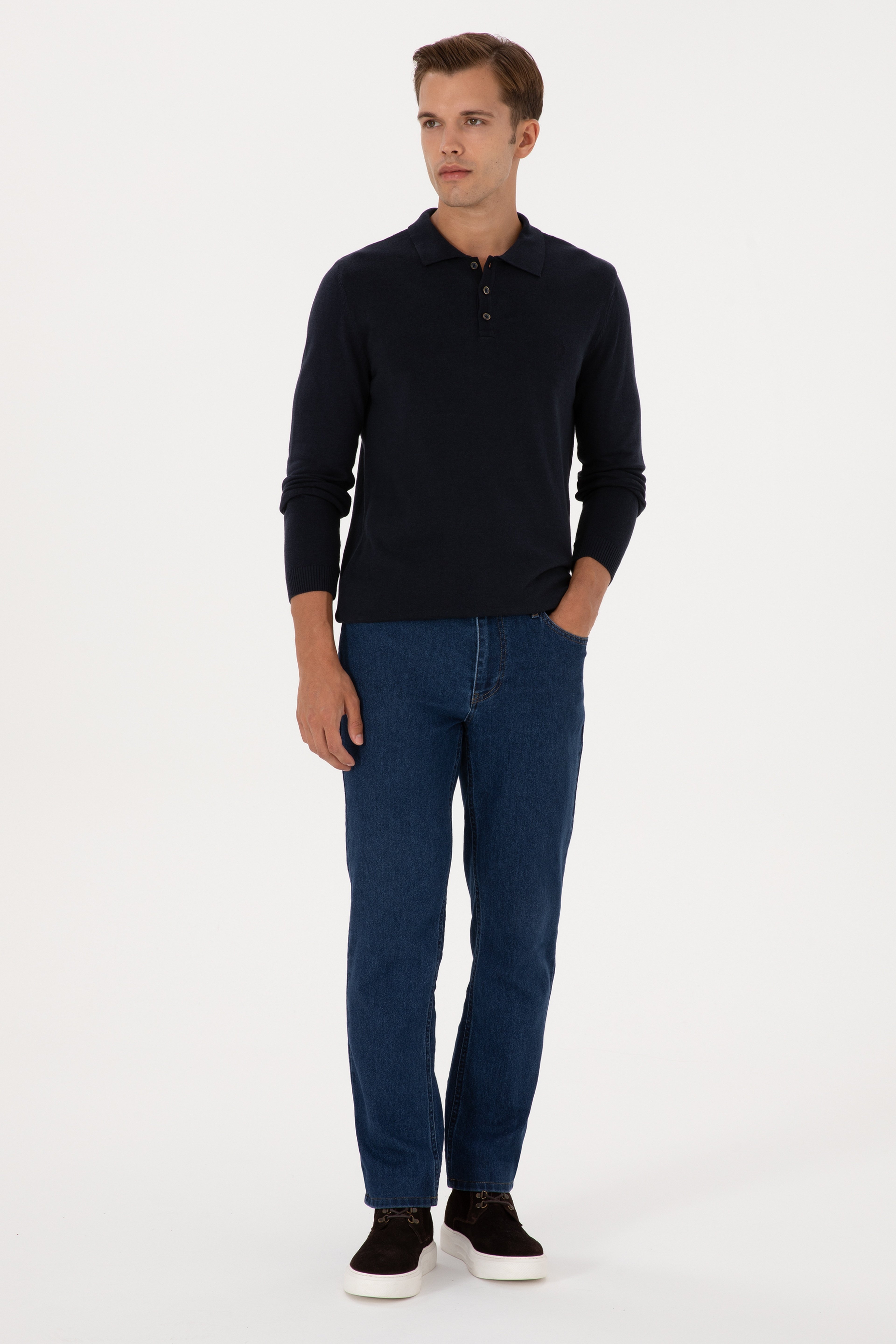 Erkek Slim Fit Polo Yaka Lacivert Basic Kazak - Image 4
