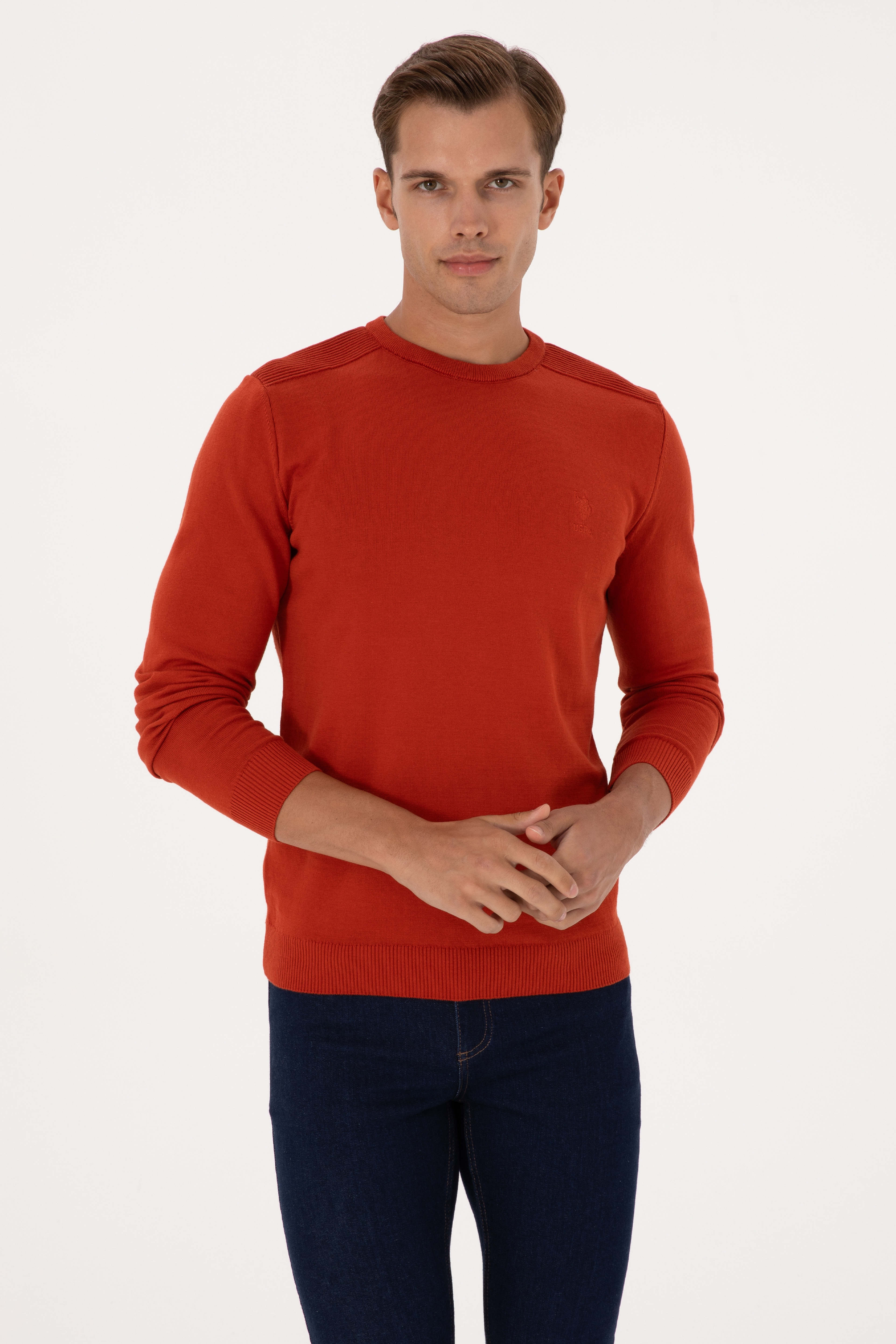 Erkek Slim Fit Bisiklet Yaka Kiremit Basic Kazak