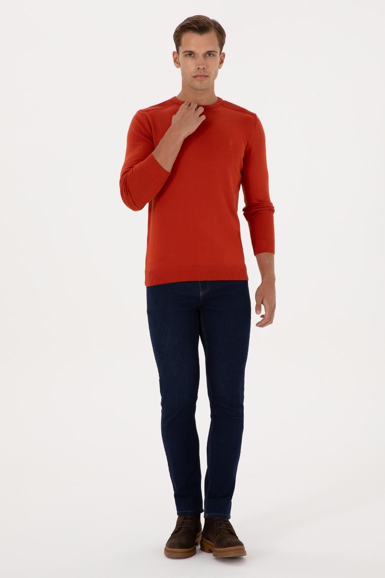 Erkek Slim Fit Bisiklet Yaka Kiremit Basic Kazak - 50307779127