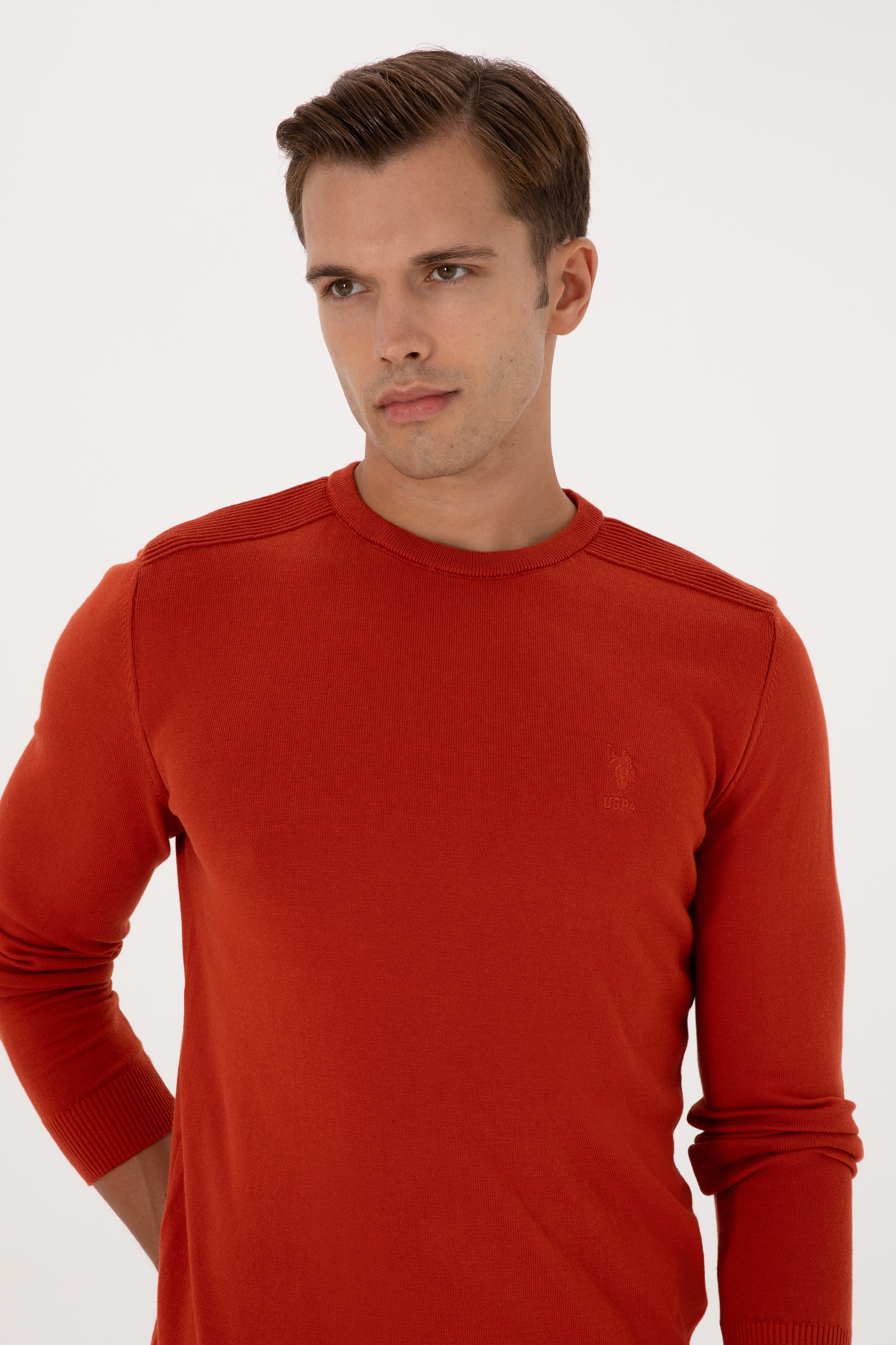 Erkek Slim Fit Bisiklet Yaka Kiremit Basic Kazak