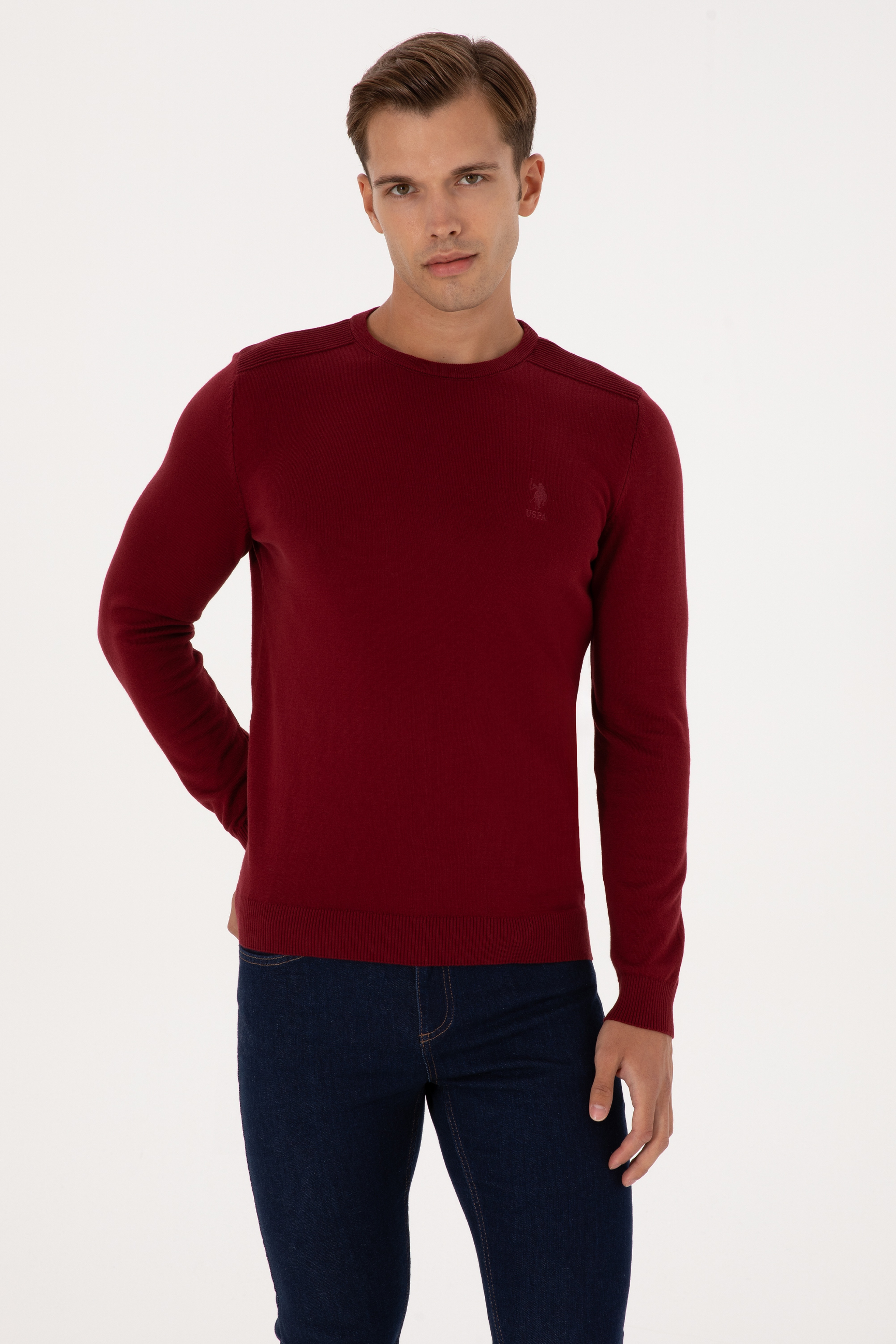Erkek Slim Fit Bisiklet Yaka Bordo Basic Kazak - Image 3
