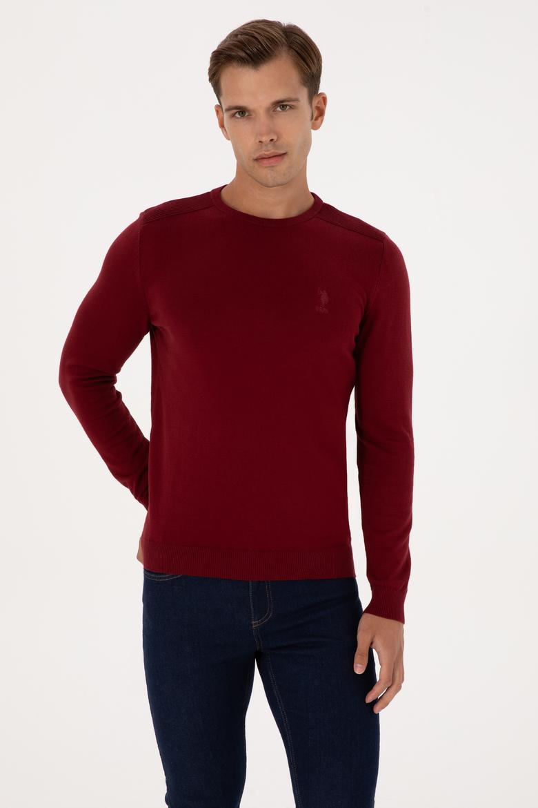 Erkek Slim Fit Bisiklet Yaka Bordo Basic Kazak - 50307779060
