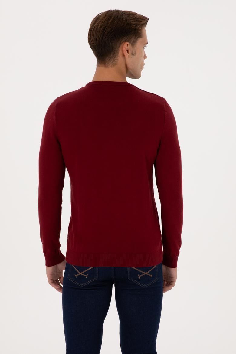 Erkek Slim Fit Bisiklet Yaka Bordo Basic Kazak - 50307779060