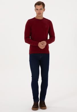 Erkek Slim Fit Bisiklet Yaka Bordo Basic Kazak - 50307779060