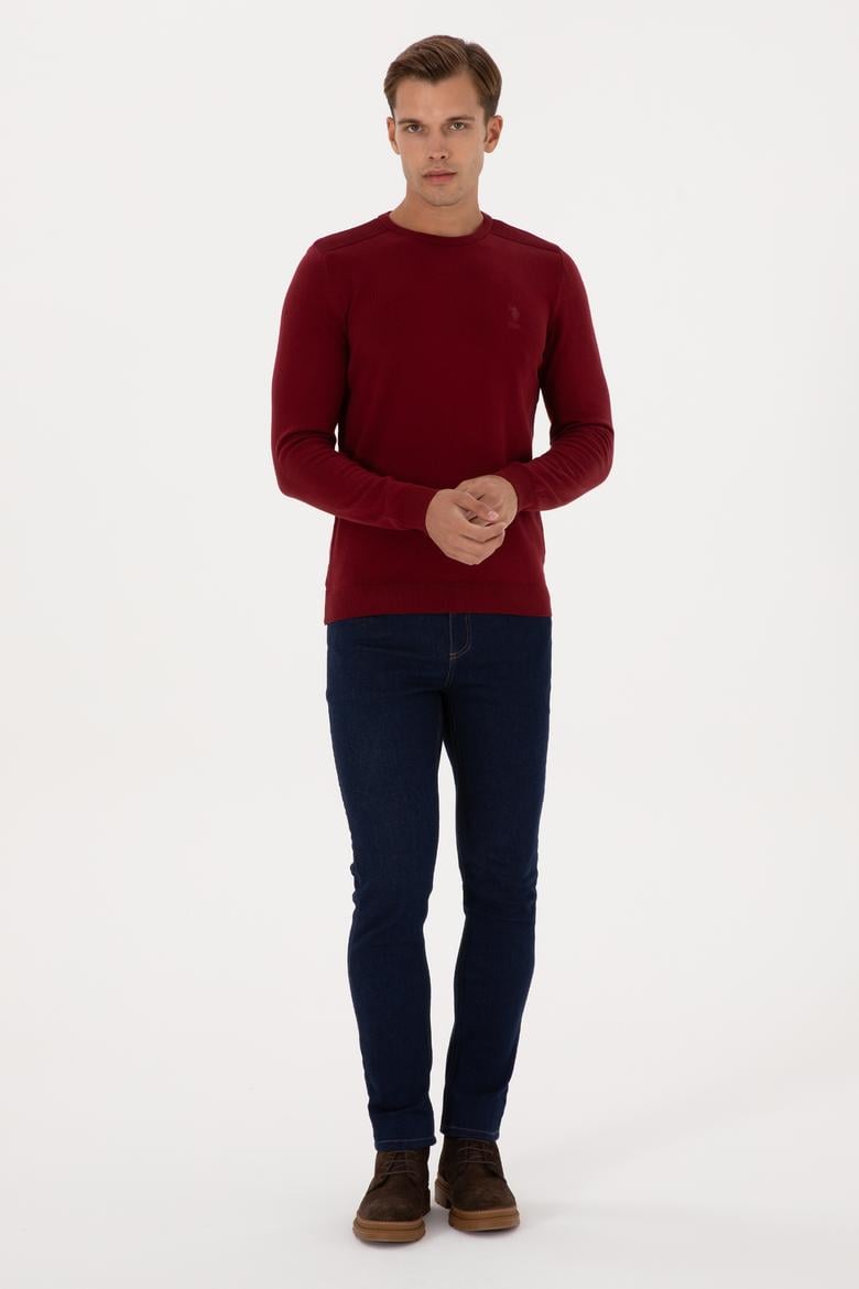 Erkek Slim Fit Bisiklet Yaka Bordo Basic Kazak - 50307779060