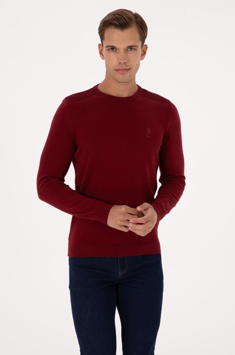 Erkek Slim Fit Bisiklet Yaka Bordo Basic Kazak