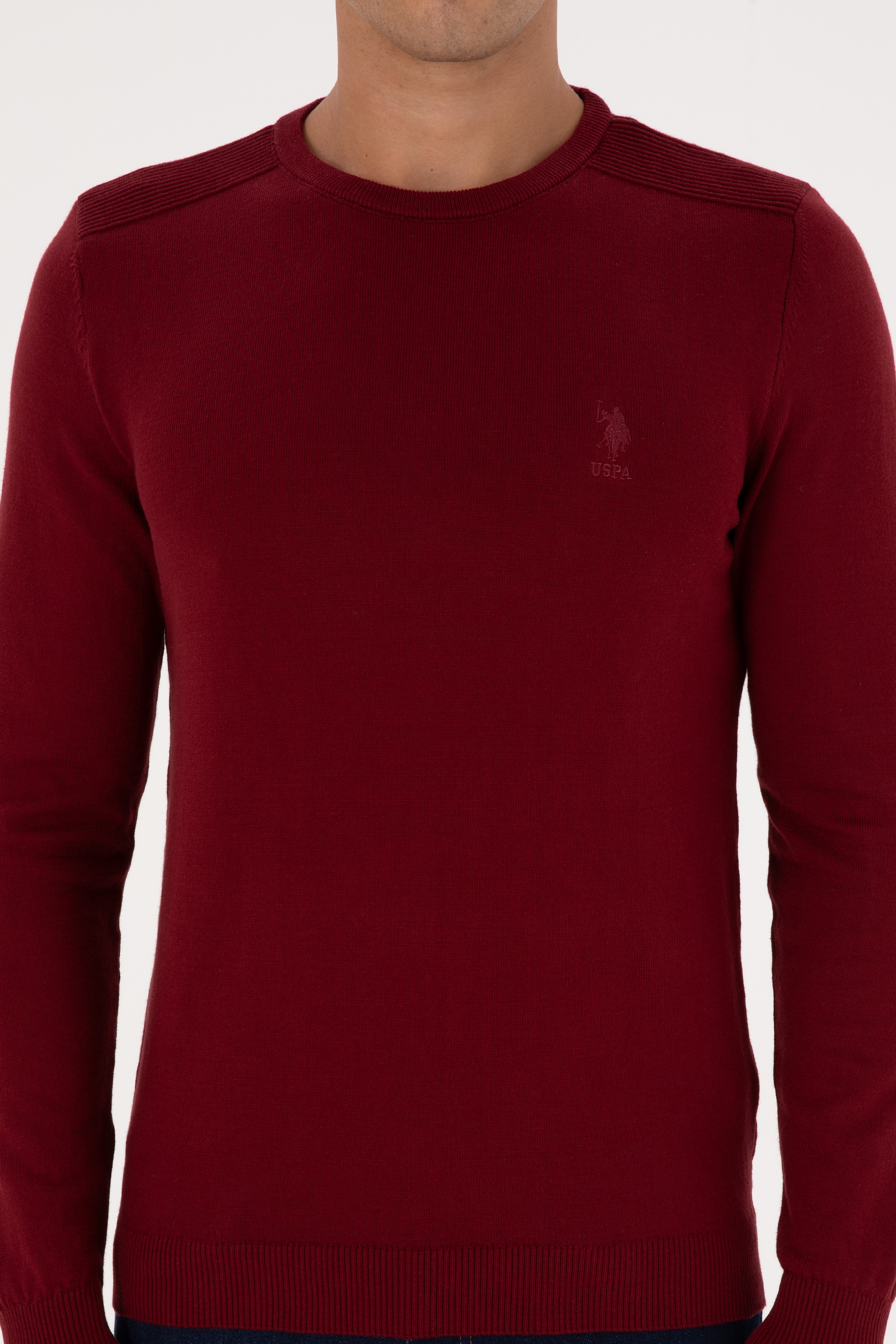 Erkek Slim Fit Bisiklet Yaka Bordo Basic Kazak - Image 6