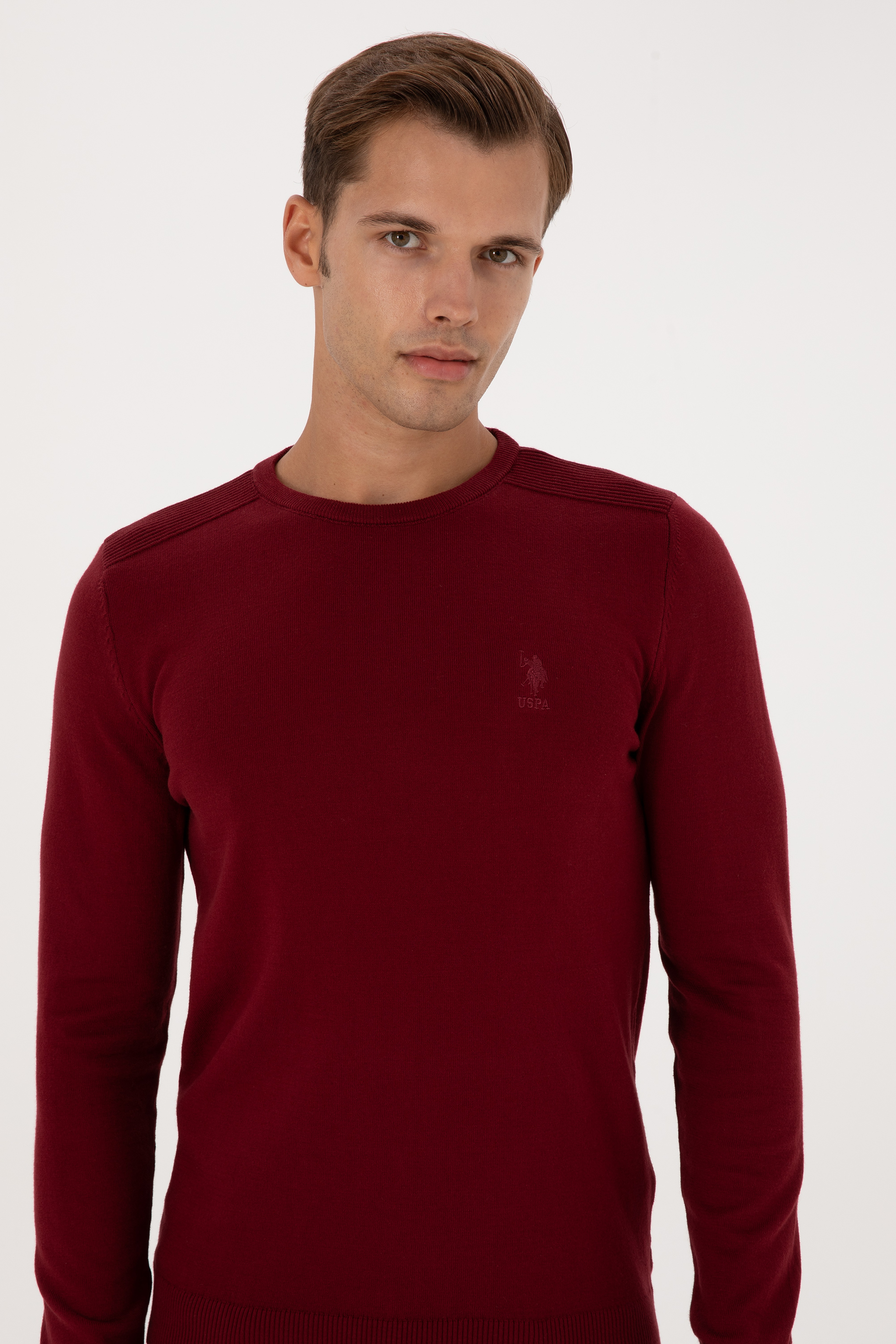 Erkek Slim Fit Bisiklet Yaka Bordo Basic Kazak - Image 2