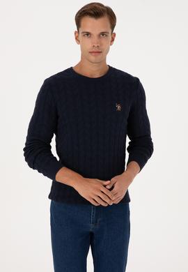 Erkek Slim Fit Bisiklet Yaka Desenli Lacivert Kazak - 50307836023