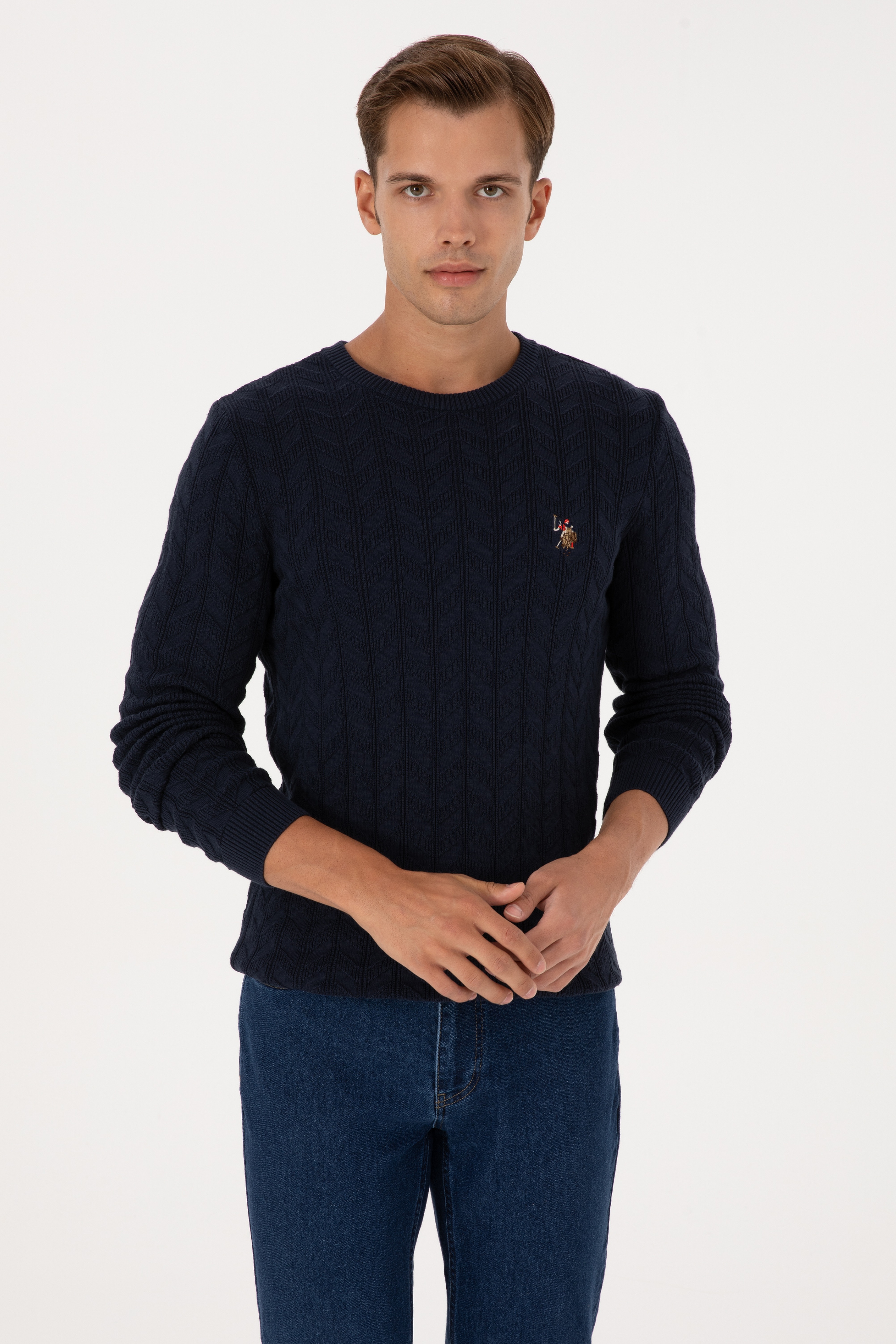 Erkek Slim Fit Bisiklet Yaka Desenli Lacivert Kazak - Image 1