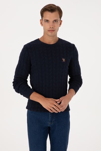 Erkek Slim Fit Bisiklet Yaka Desenli Lacivert Kazak