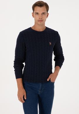 Erkek Slim Fit Bisiklet Yaka Desenli Lacivert Kazak - 50307836023