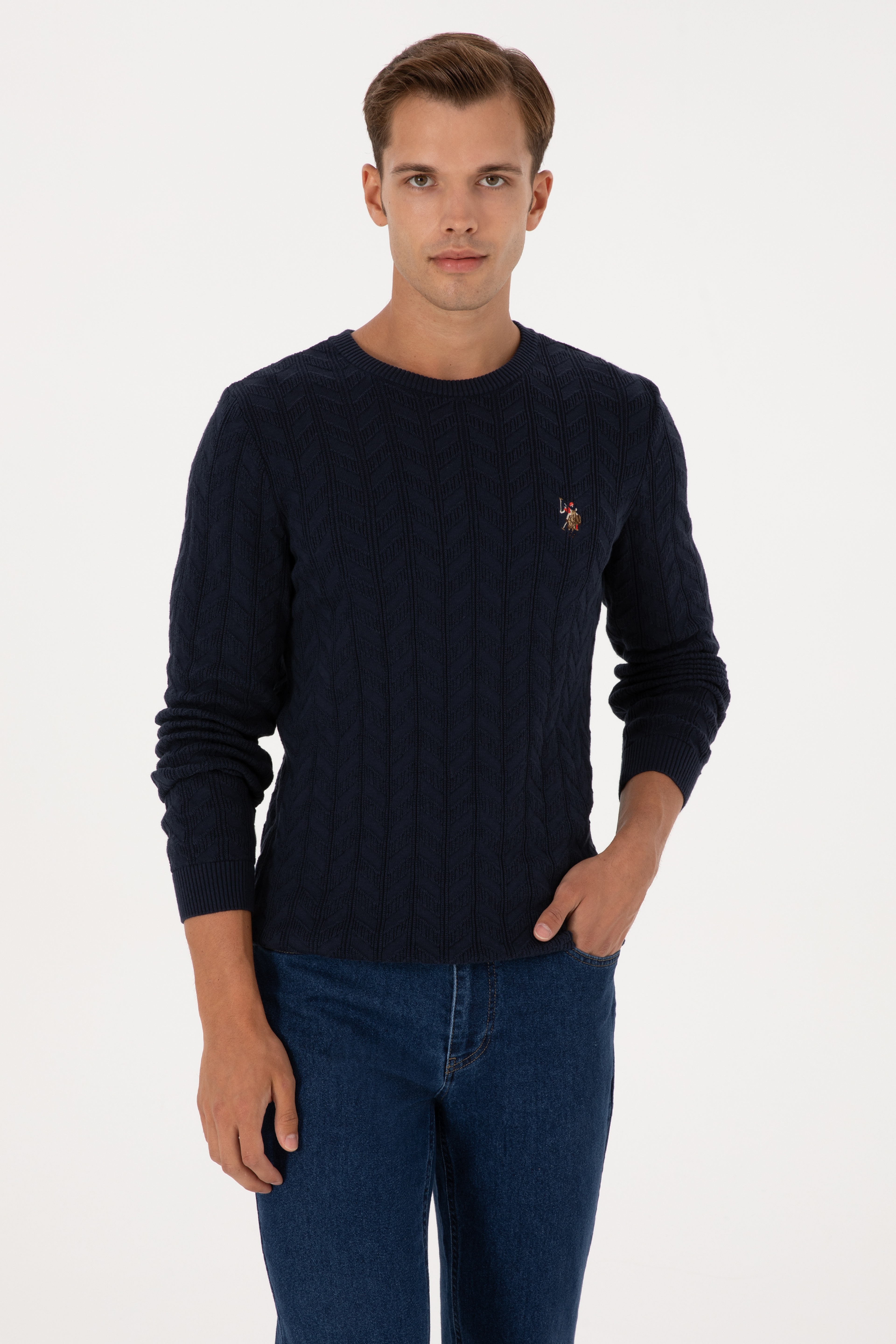 Erkek Slim Fit Bisiklet Yaka Desenli Lacivert Kazak - Image 3