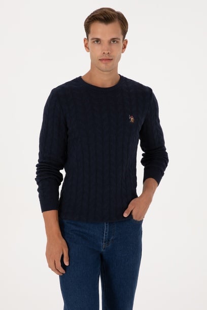 Erkek Slim Fit Bisiklet Yaka Desenli Lacivert Kazak