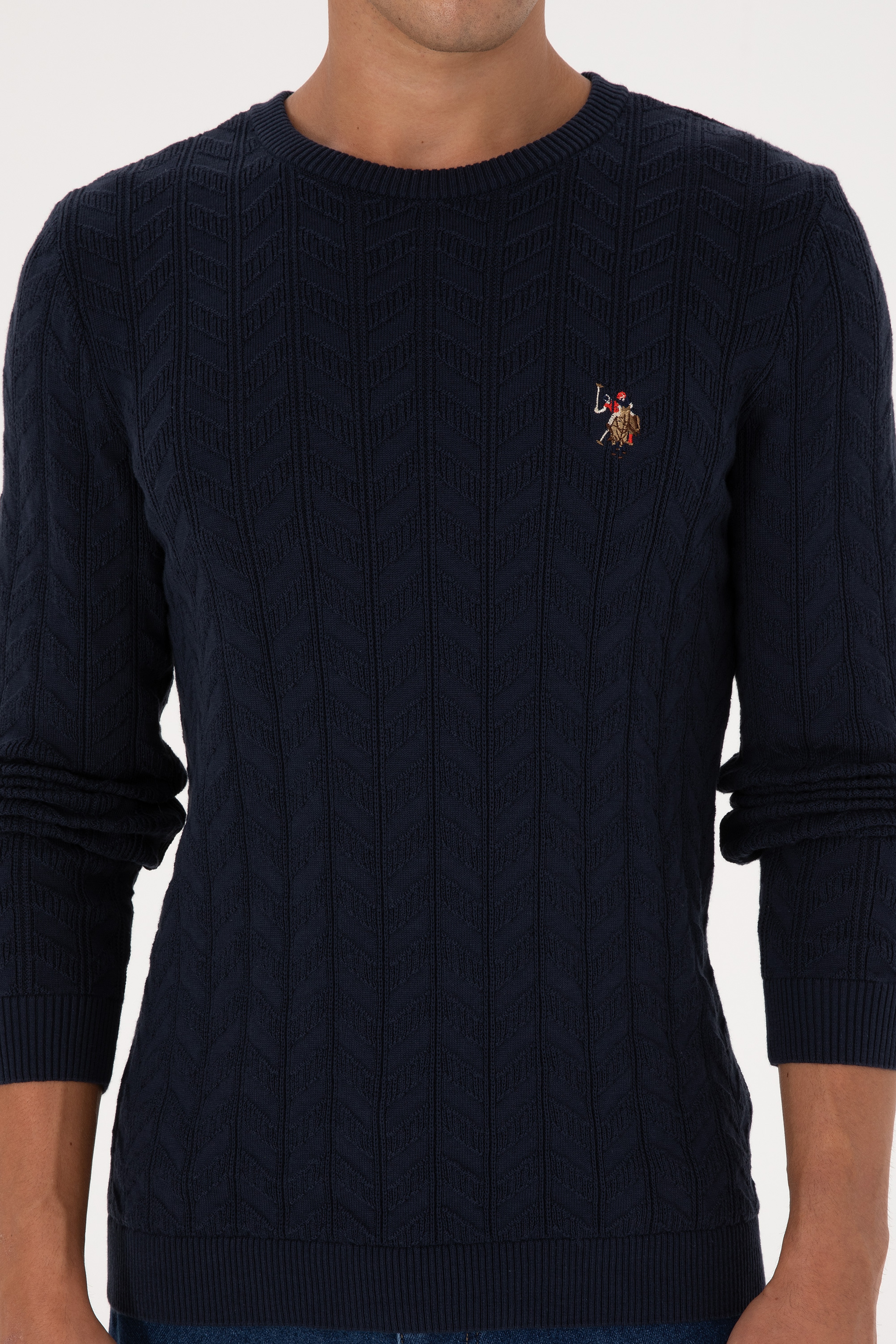 Erkek Slim Fit Bisiklet Yaka Desenli Lacivert Kazak - Image 6