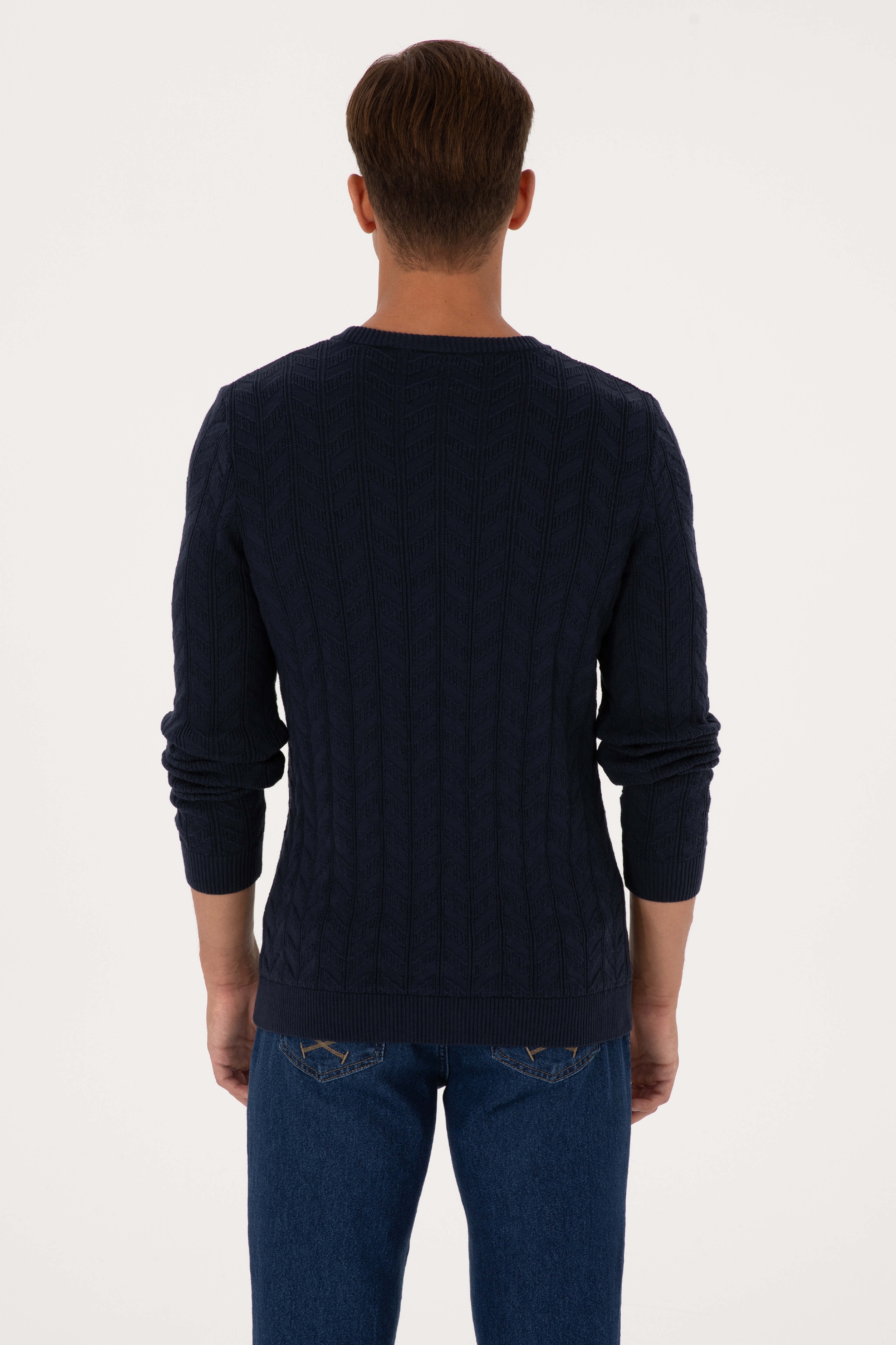 Erkek Slim Fit Bisiklet Yaka Desenli Lacivert Kazak