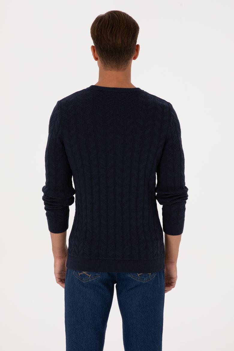 Erkek Slim Fit Bisiklet Yaka Desenli Lacivert Kazak - 50307836023