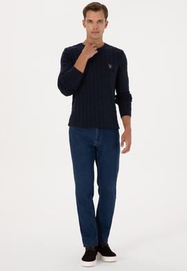 Erkek Slim Fit Bisiklet Yaka Desenli Lacivert Kazak - 50307836023