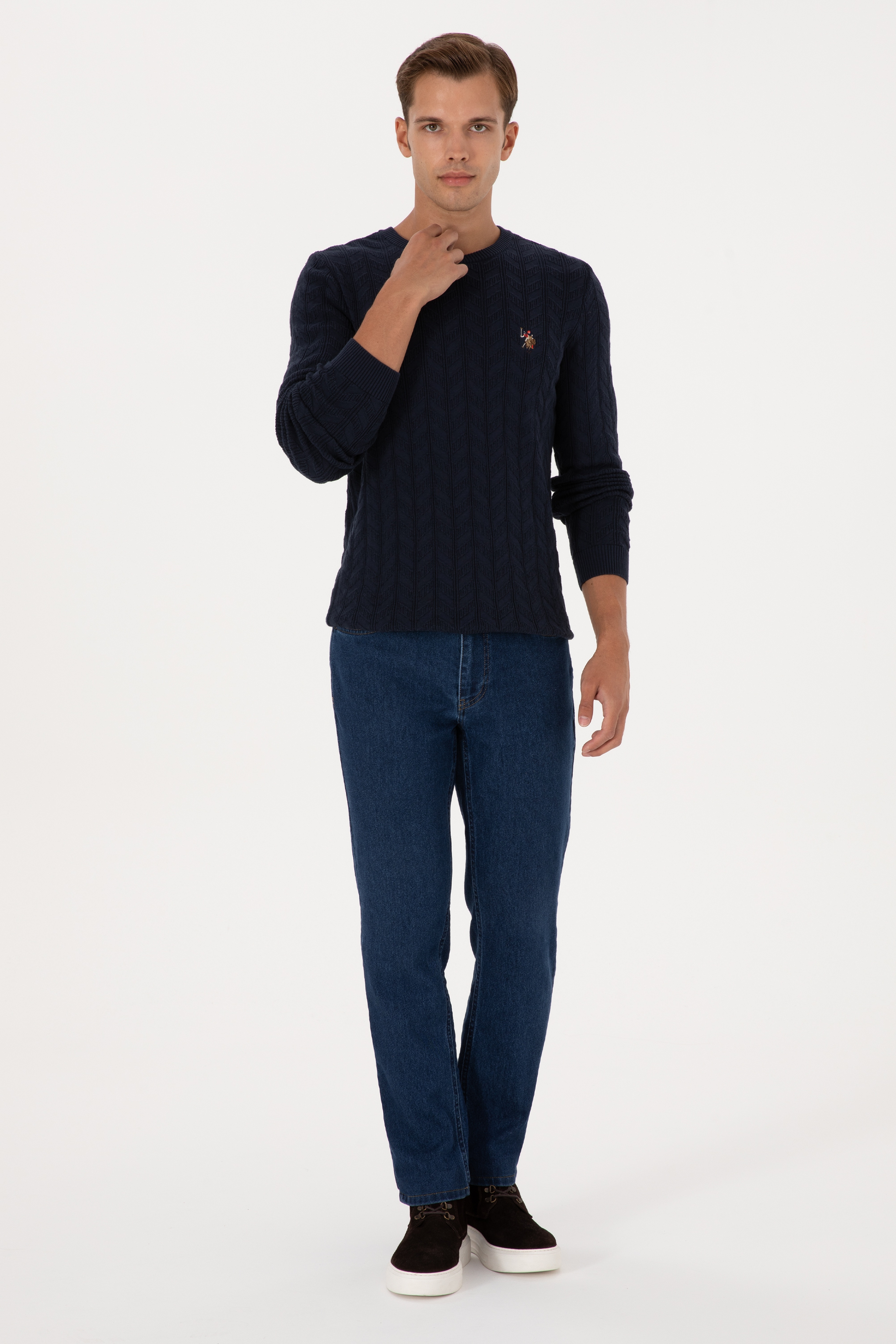 Erkek Slim Fit Bisiklet Yaka Desenli Lacivert Kazak