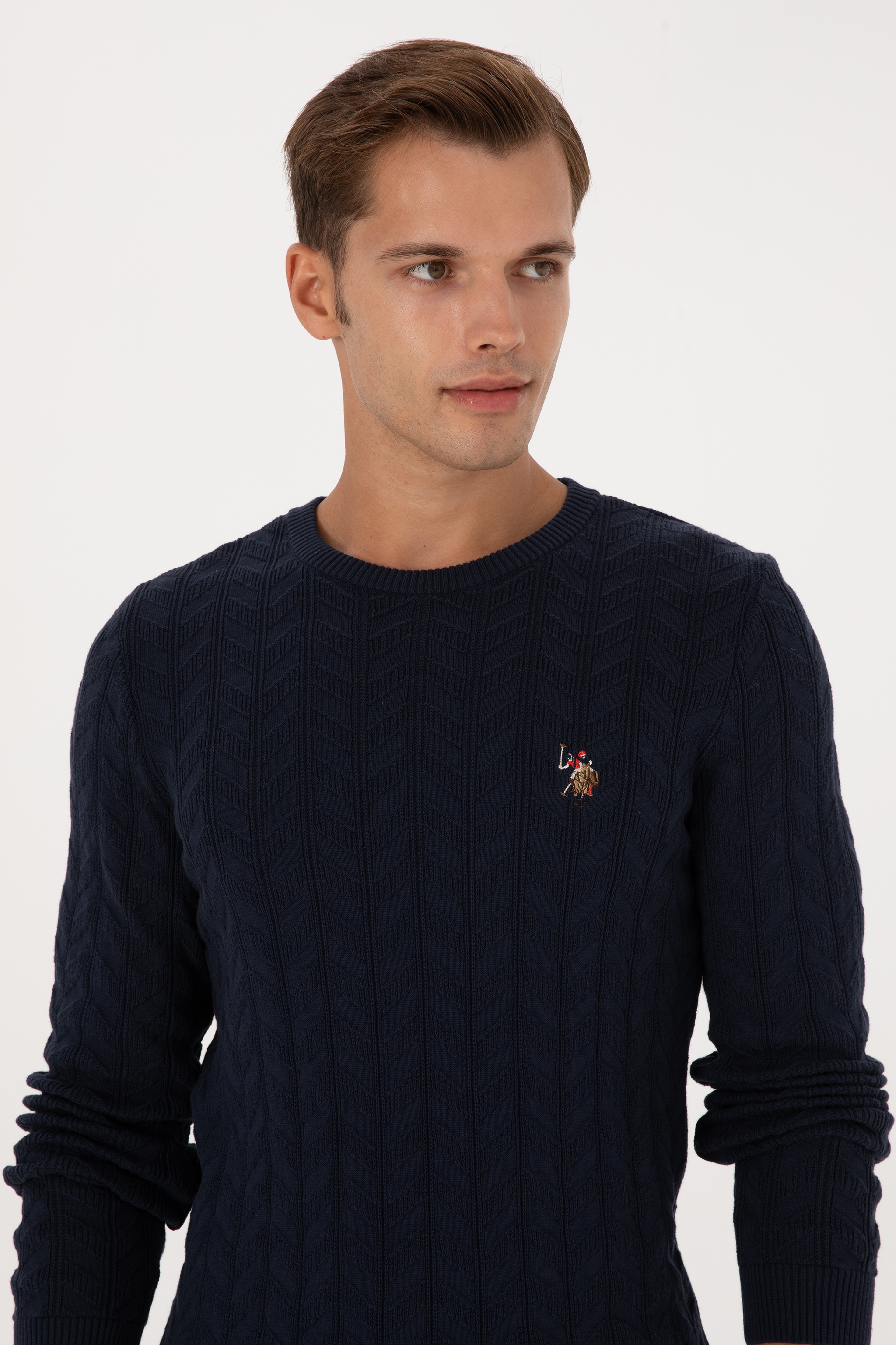 Erkek Slim Fit Bisiklet Yaka Desenli Lacivert Kazak - Image 2