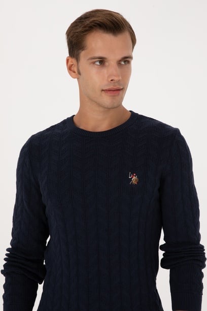 Erkek Slim Fit Bisiklet Yaka Desenli Lacivert Kazak
