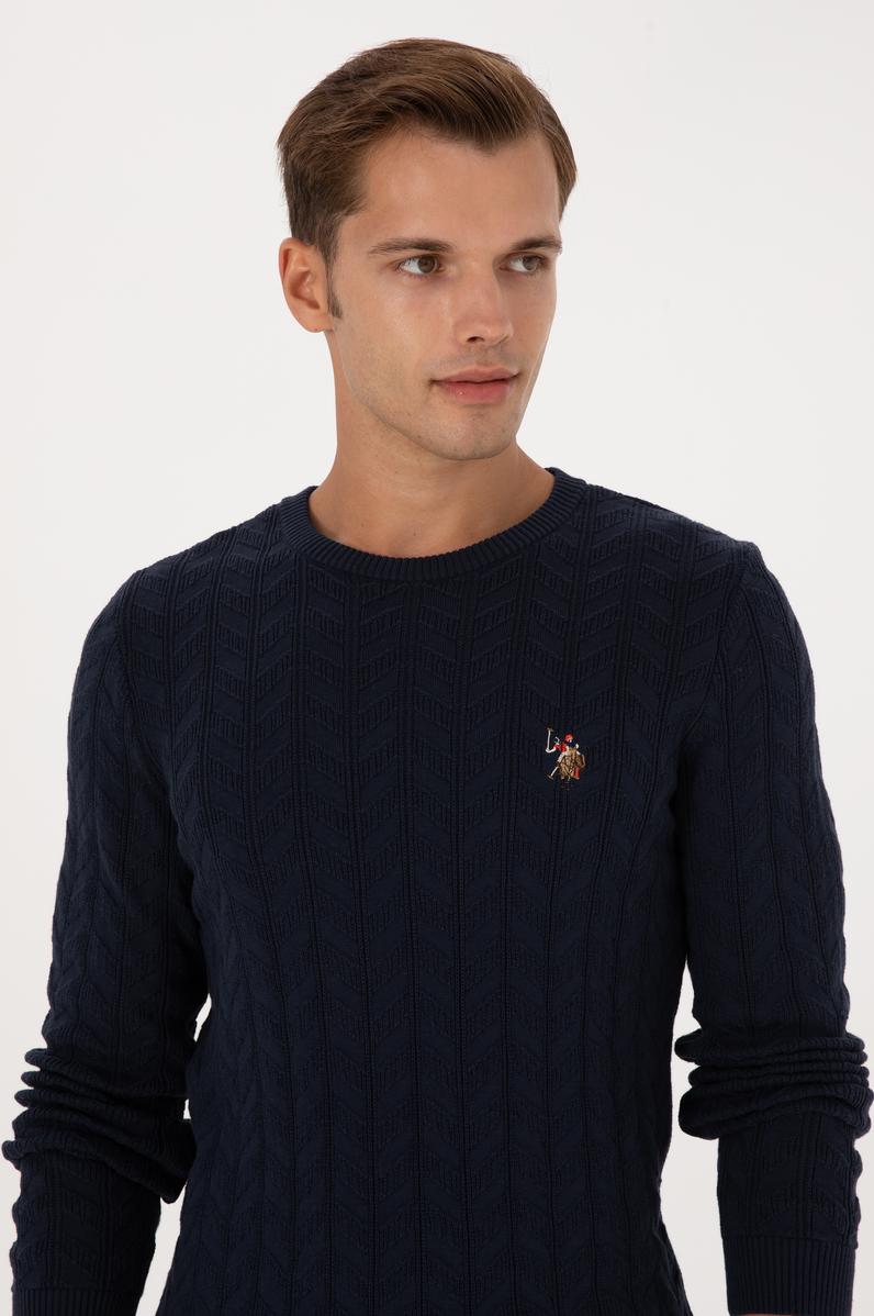 Erkek Slim Fit Bisiklet Yaka Desenli Lacivert Kazak