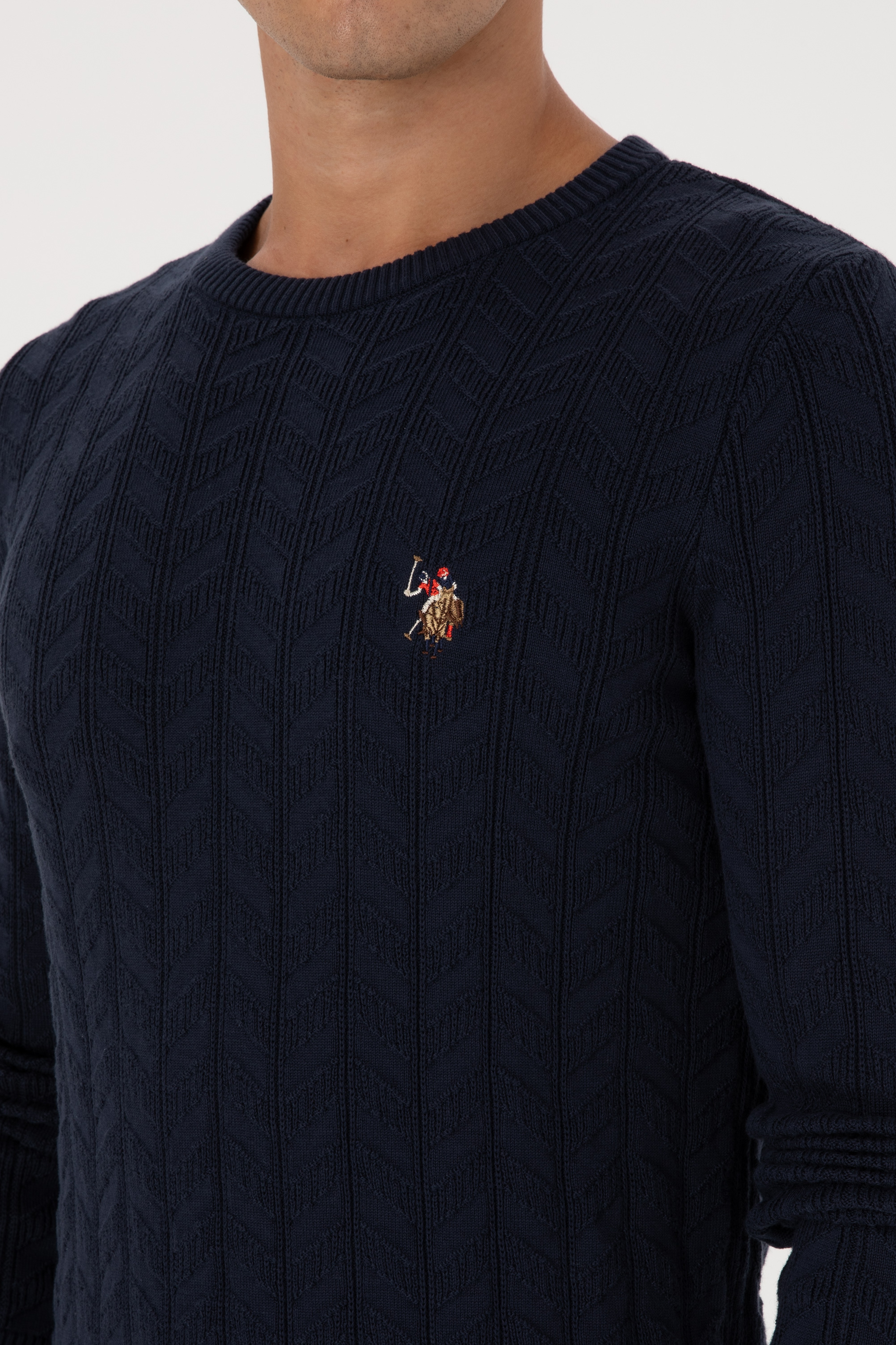 Erkek Slim Fit Bisiklet Yaka Desenli Lacivert Kazak - Image 7