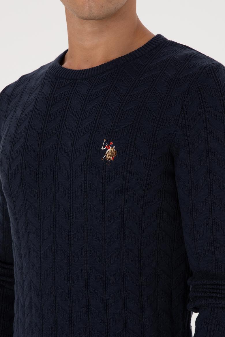 Erkek Slim Fit Bisiklet Yaka Desenli Lacivert Kazak - 50307836023