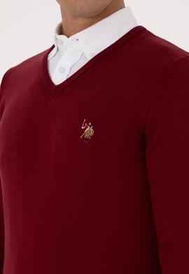 Erkek Slim Fit V Yaka Bordo Basic Kazak - 50307778026