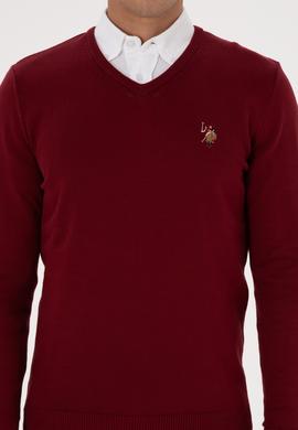 Erkek Slim Fit V Yaka Bordo Basic Kazak - 50307778026
