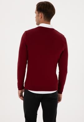 Erkek Slim Fit V Yaka Bordo Basic Kazak - 50307778026