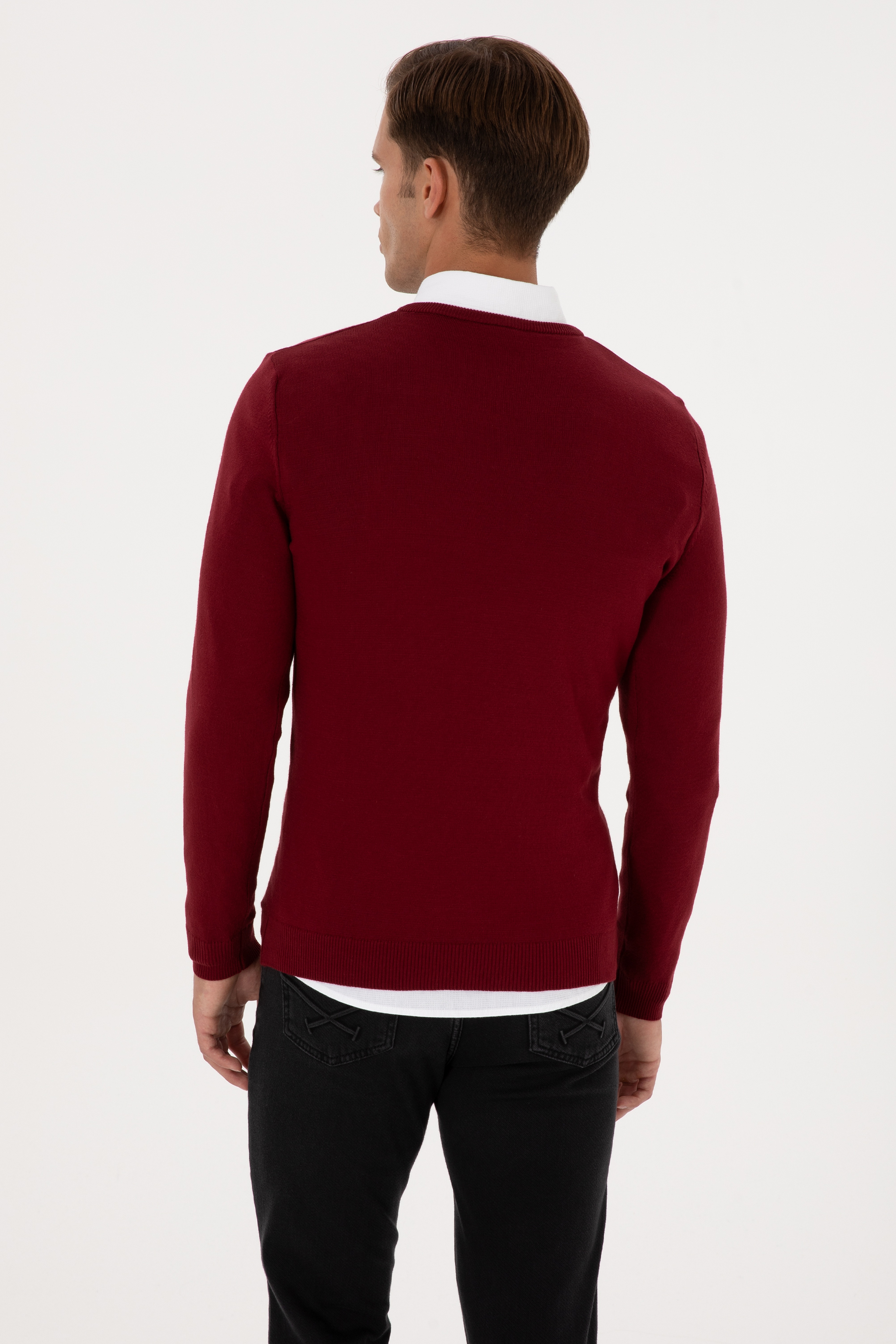 Erkek Slim Fit V Yaka Bordo Basic Kazak - Image 5